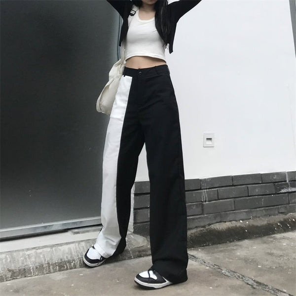 Gothic Streetwear Black White Patchwork Wide Leg Pants