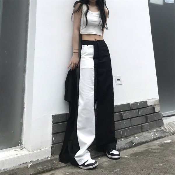 Gothic Streetwear Black White Patchwork Wide Leg Pants