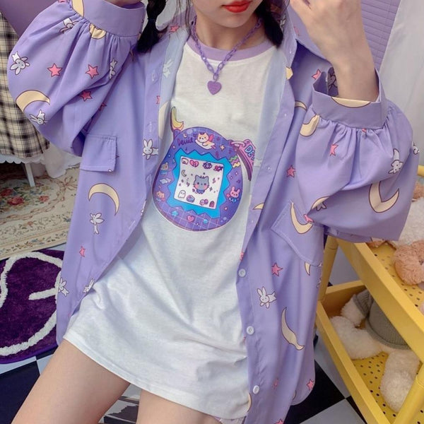 Sailor Moon Print Button Up Long Sleeve Oversized Shirt