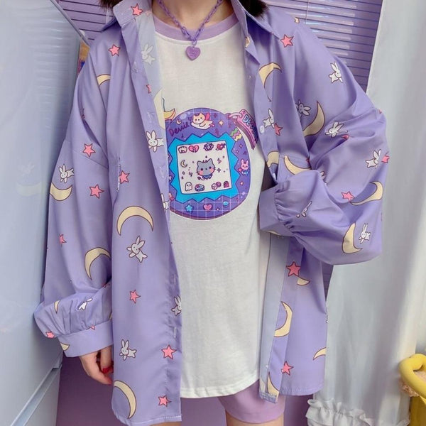 Sailor Moon Print Button Up Long Sleeve Oversized Shirt