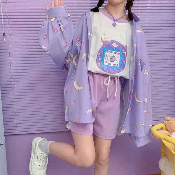 Sailor Moon Print Button Up Long Sleeve Oversized Shirt