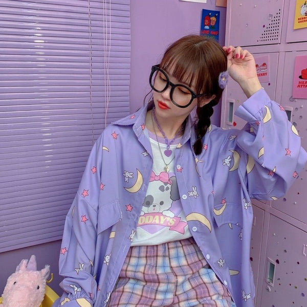 Sailor Moon Print Button Up Long Sleeve Oversized Shirt