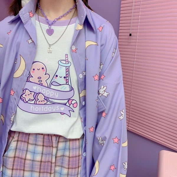 Sailor Moon Print Button Up Long Sleeve Oversized Shirt