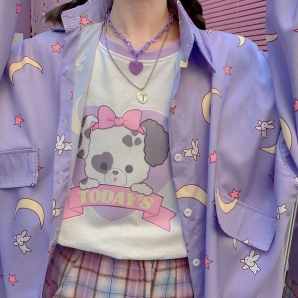 Sailor Moon Print Button Up Long Sleeve Oversized Shirt