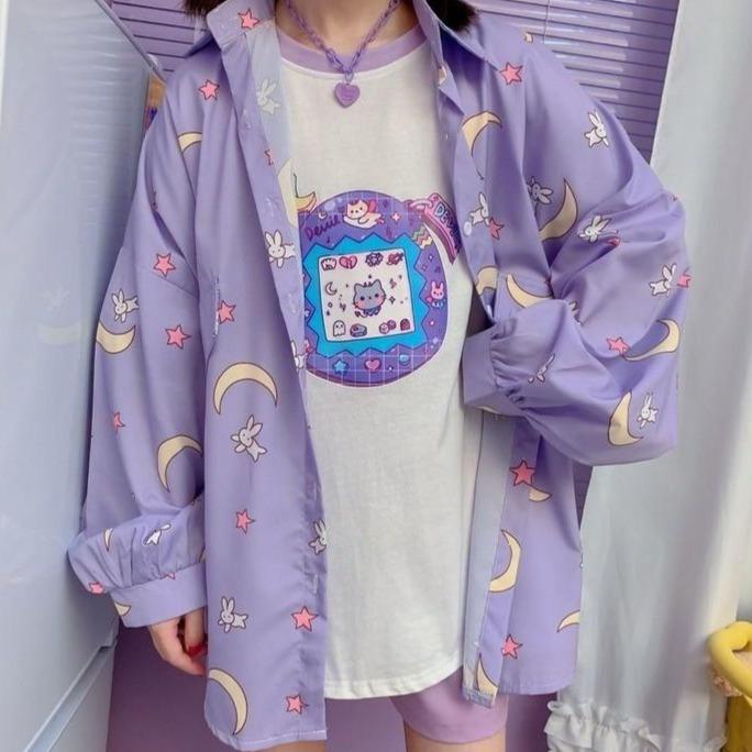 Sailor Moon Print Button Up Long Sleeve Oversized Shirt