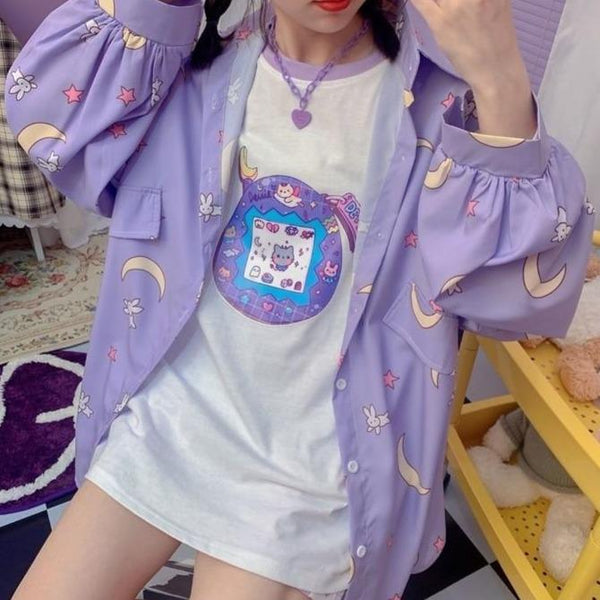 Sailor Moon Print Button Up Long Sleeve Oversized Shirt