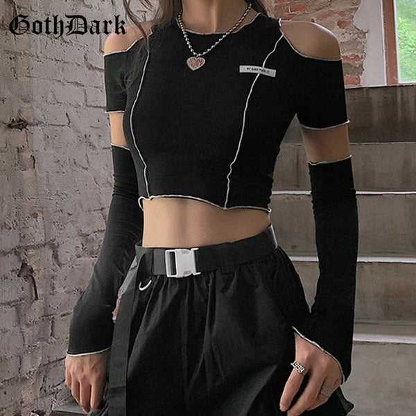 Goth Dark E-girl Style Patchwork Black T-shirts Gothic Open Shoulder Sleeve Y2k Crop Tops Ruffles Hem Hip Hop Techwear Women Tee