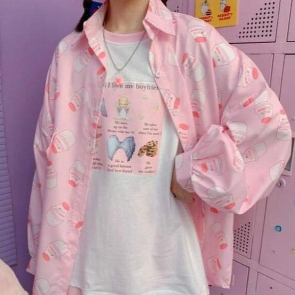 Strawberry Milk Print Button Up Long Sleeve Shirt