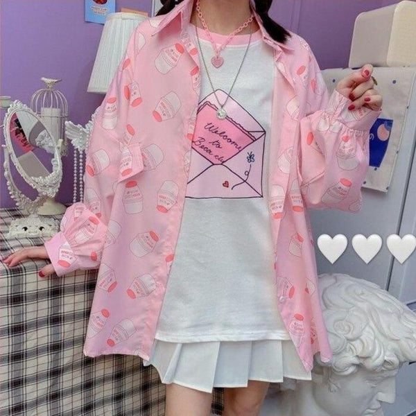 Strawberry Milk Print Button Up Long Sleeve Shirt