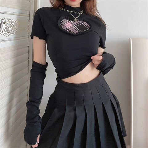 Plaid Heart Top & Gloves Set