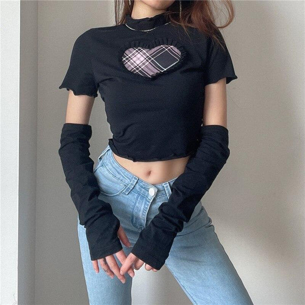 Plaid Heart Top & Gloves Set