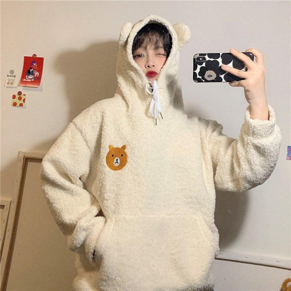 Fluffy Bear Oversized Part-Cotton Hoodie | NEW