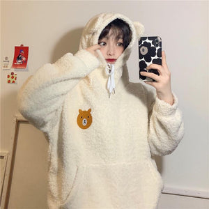 Fluffy Bear Oversized Part-Cotton Hoodie | NEW