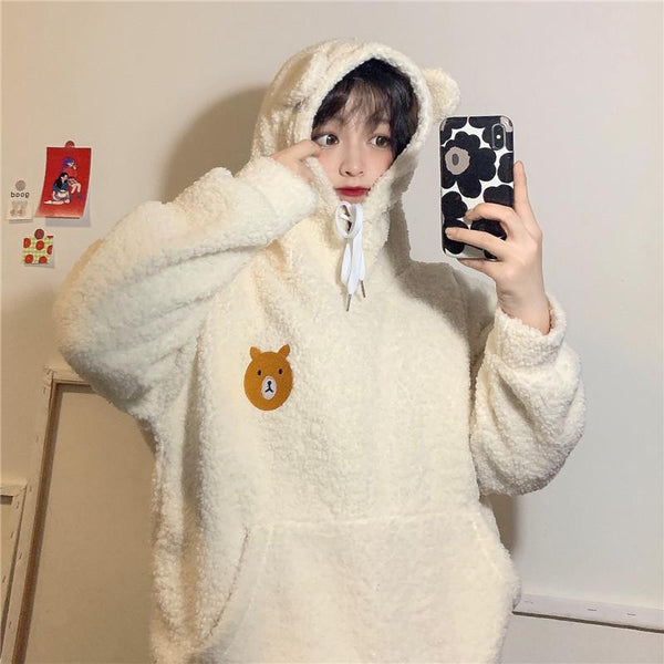 Fluffy Bear Oversized Part-Cotton Hoodie | NEW