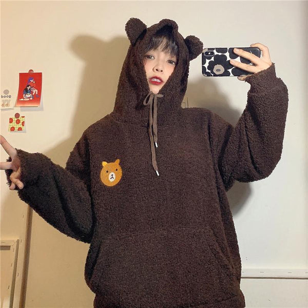 Fluffy Bear Oversized Part-Cotton Hoodie | NEW