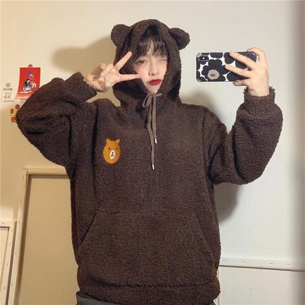 Fluffy Bear Oversized Part-Cotton Hoodie | NEW