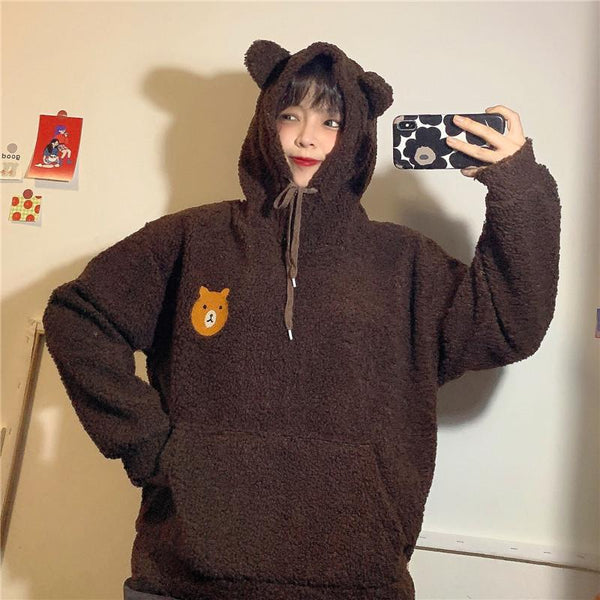 Fluffy Bear Oversized Part-Cotton Hoodie | NEW