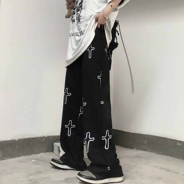 Black Cross Print Pants