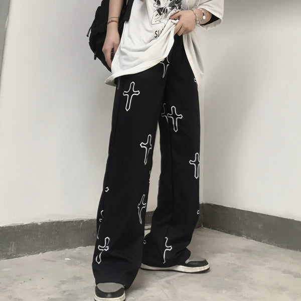 Black Cross Print Pants