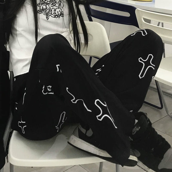 Black Cross Print Pants