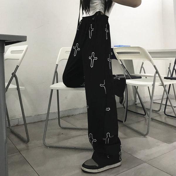 Black Cross Print Pants