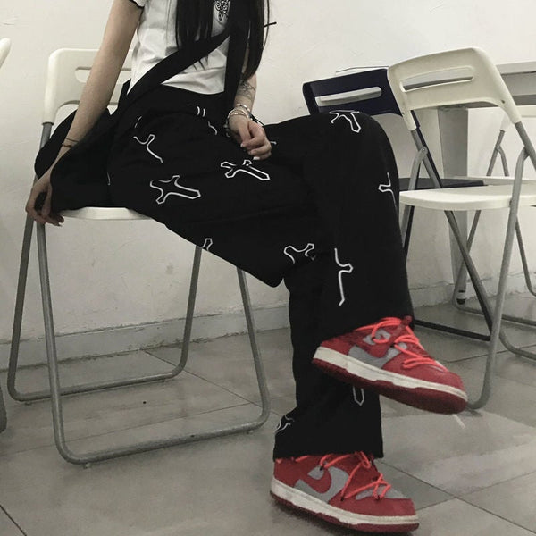 Black Cross Print Pants