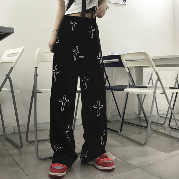 Black Cross Print Pants