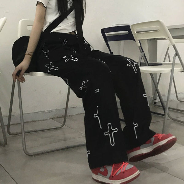 Black Cross Print Pants