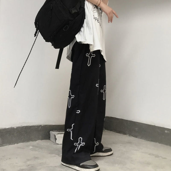 Black Cross Print Pants