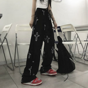 Black Cross Print Pants