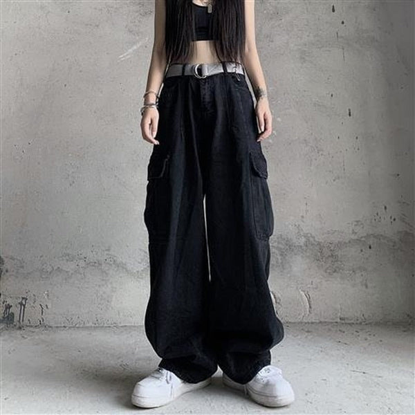 Retro Harajuku Vintage Black Streetwear Baggy Denim Pants