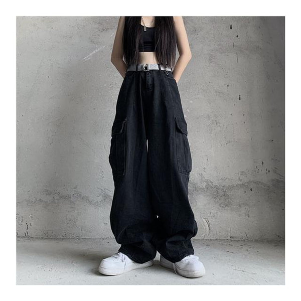 Retro Harajuku Vintage Black Streetwear Baggy Denim Pants