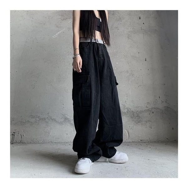 Retro Harajuku Vintage Black Streetwear Baggy Denim Pants