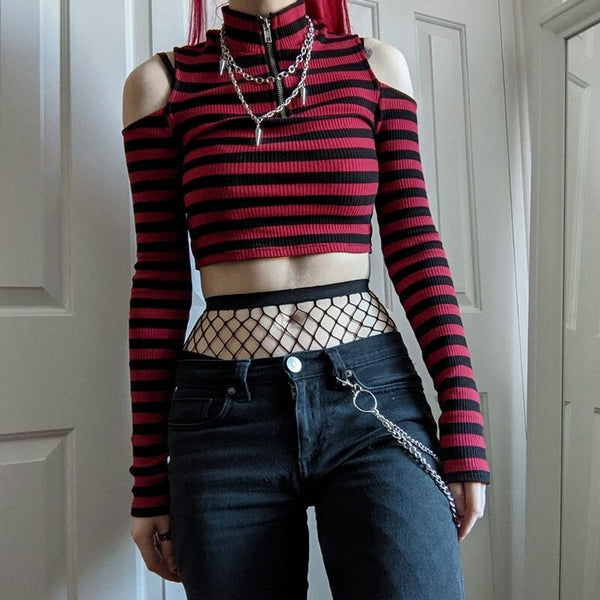 'Rouge' Red and black stripe cold shoulder top