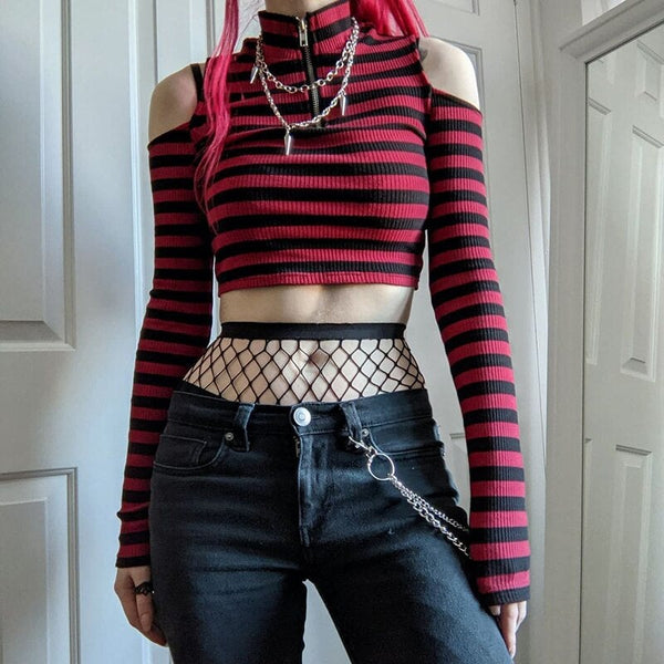 'Rouge' Red and black stripe cold shoulder top