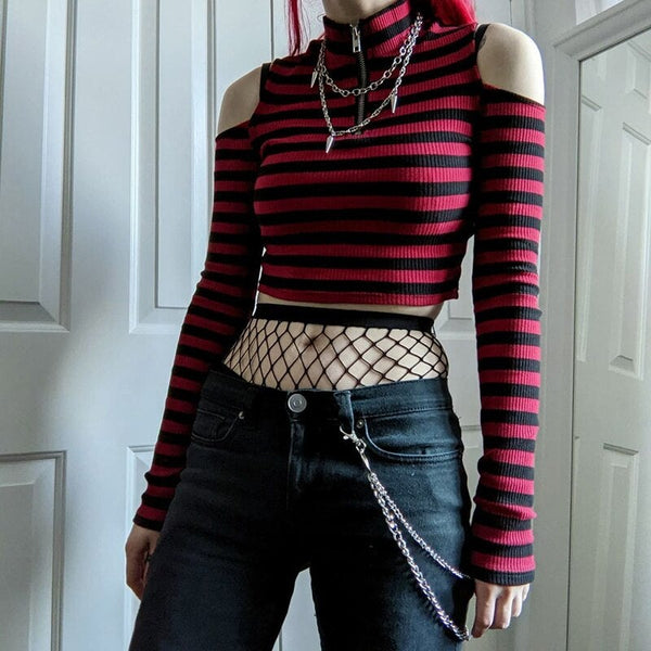 'Rouge' Red and black stripe cold shoulder top