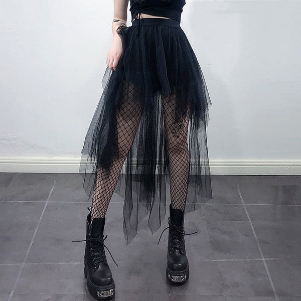 Gothic High Waist Irregular Hem Mesh Shorts Skirt