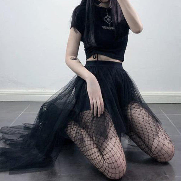 Gothic High Waist Irregular Hem Mesh Shorts Skirt