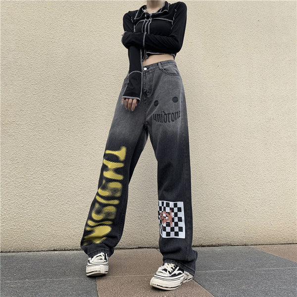 Grunge Letter Graffiti Wide Leg Denim Pants