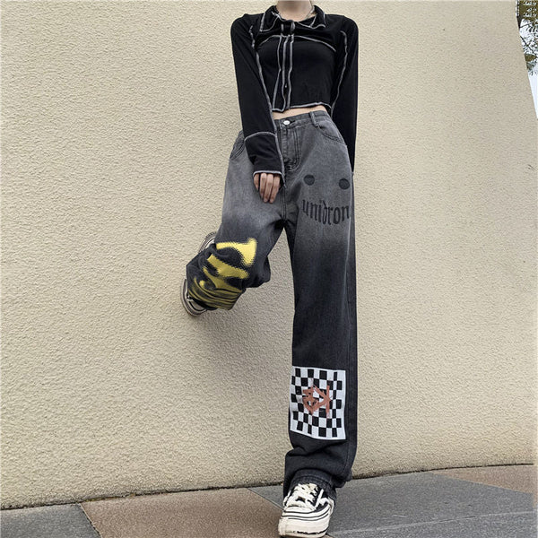 Grunge Letter Graffiti Wide Leg Denim Pants