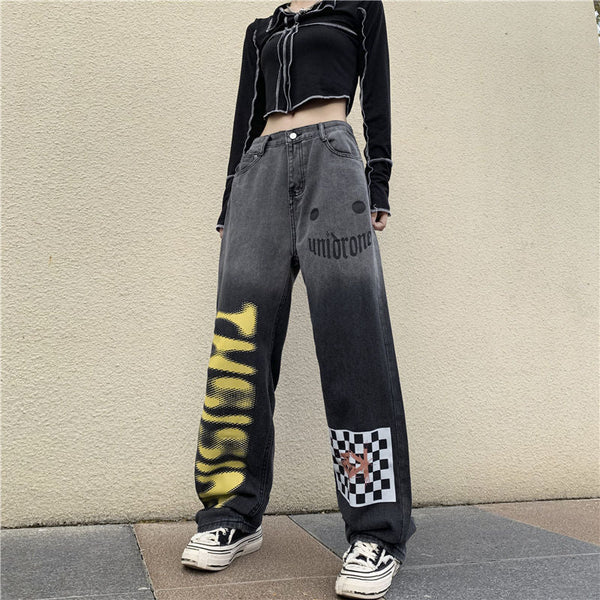 Grunge Letter Graffiti Wide Leg Denim Pants