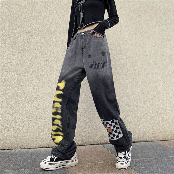 Grunge Letter Graffiti Wide Leg Denim Pants