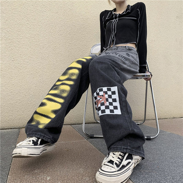 Grunge Letter Graffiti Wide Leg Denim Pants