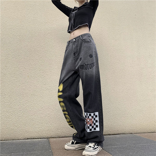 Grunge Letter Graffiti Wide Leg Denim Pants