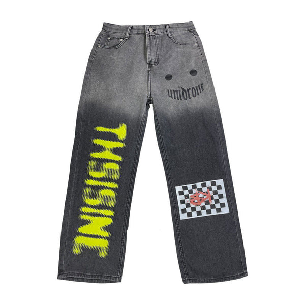 Grunge Letter Graffiti Wide Leg Denim Pants