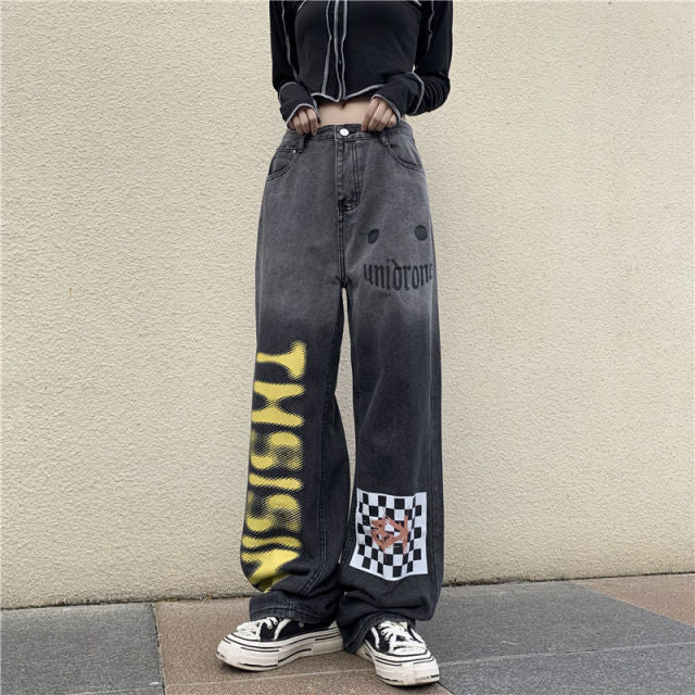 Grunge Letter Graffiti Wide Leg Denim Pants