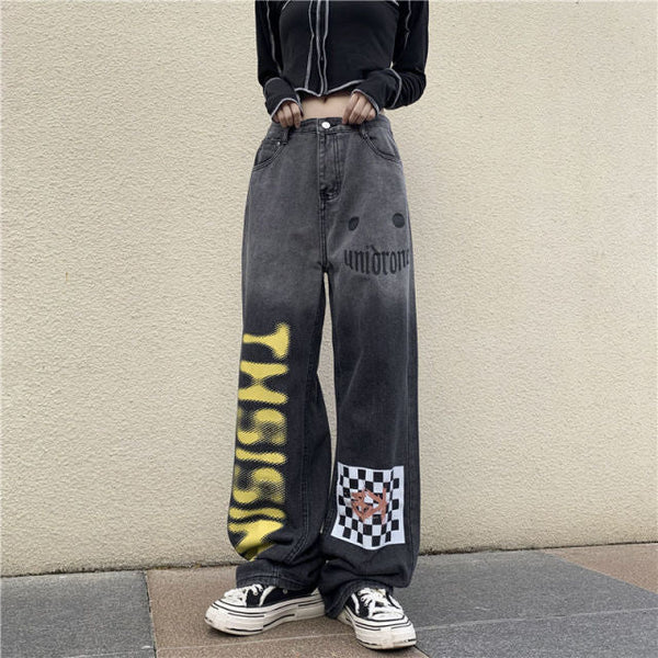 Grunge Letter Graffiti Wide Leg Denim Pants