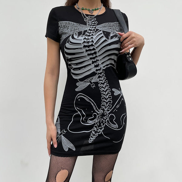 Gothic Punk Skeleton Bones Print Mini Dress