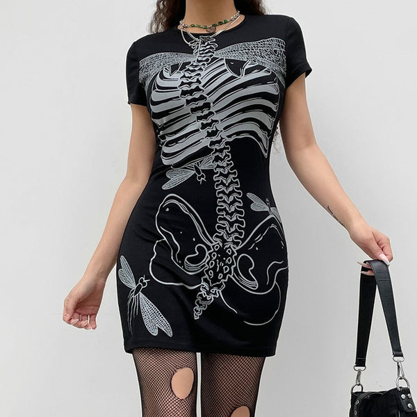 Gothic Punk Skeleton Bones Print Mini Dress