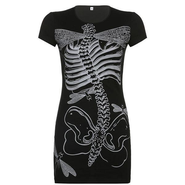 Gothic Punk Skeleton Bones Print Mini Dress